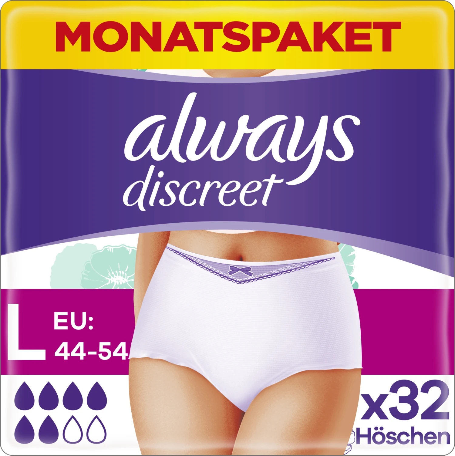 Always® Monatspaket Discreet Inkontinenz Höschen Plus Gr. L 1 Always® Monatspaket Discreet Inkontinenz Höschen Plus Gr. L